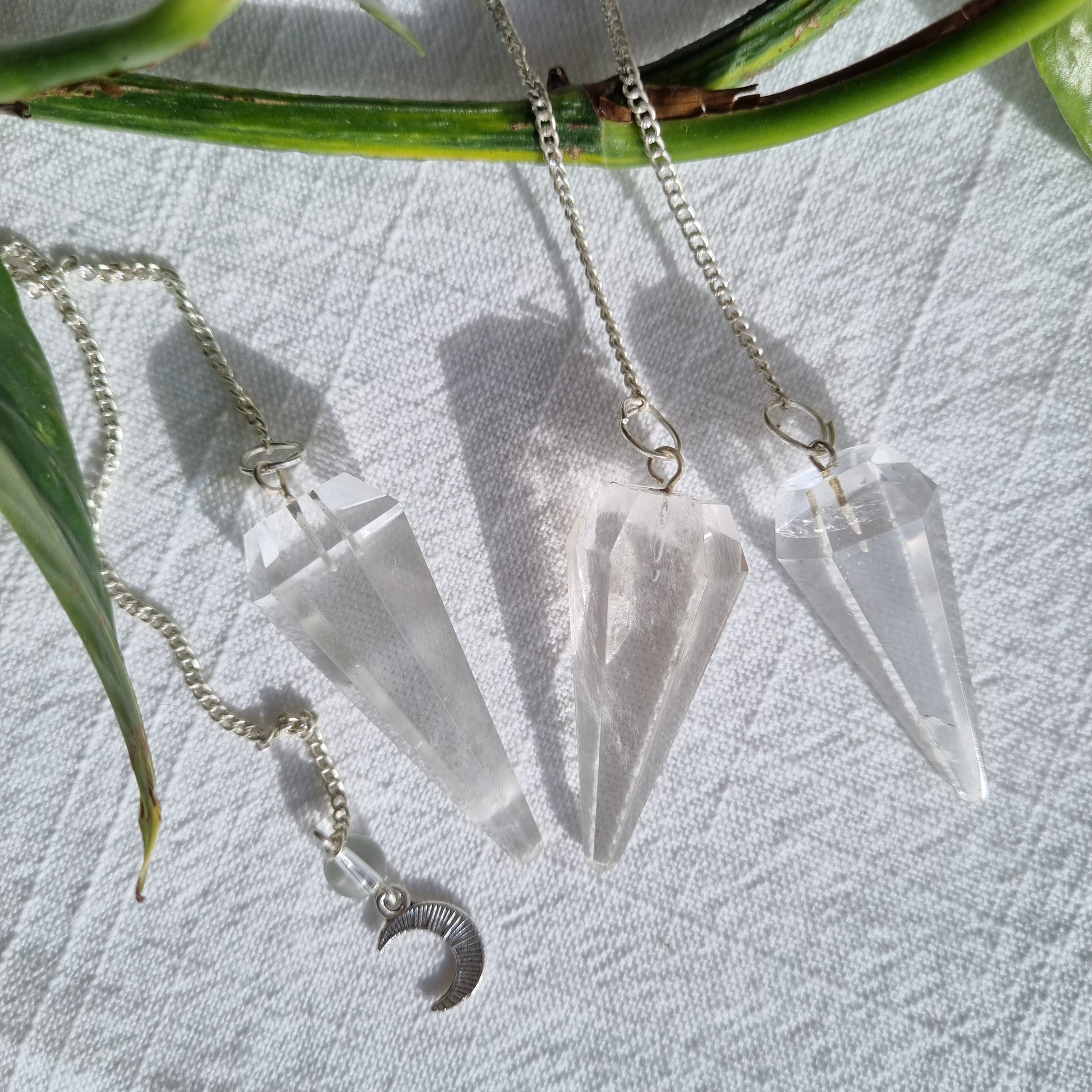 Clear Quartz Pendulum - 6 Faceted with Moon Charm - Sparrow and Fox