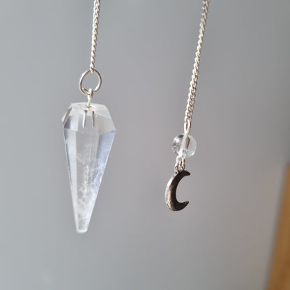 Clear Quartz Pendulum - 6 Faceted with Moon Charm - Sparrow and Fox