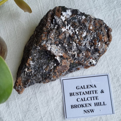 Galena & Bustamite on Calcite Specimen - Australia - 341g - Sparrow and Fox