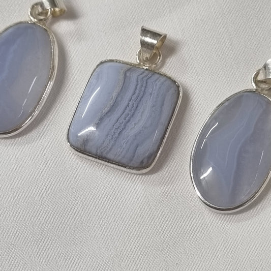 Blue Lace Agate Cabochon Sterling Silver Pendant