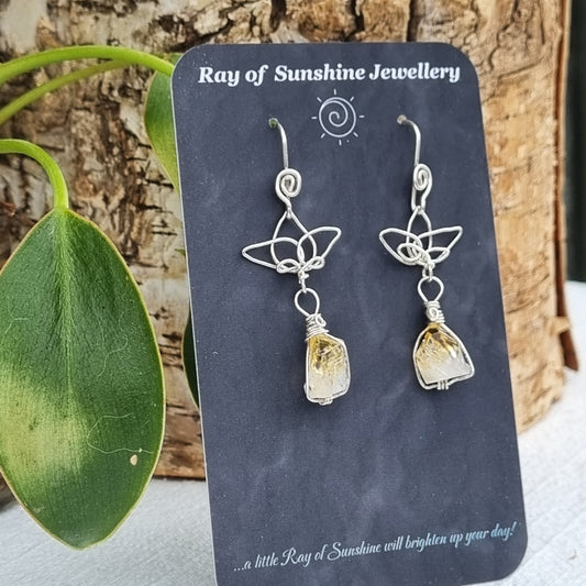 Citrine Point and Silver Lotus Earrings - Ray of Sunshine