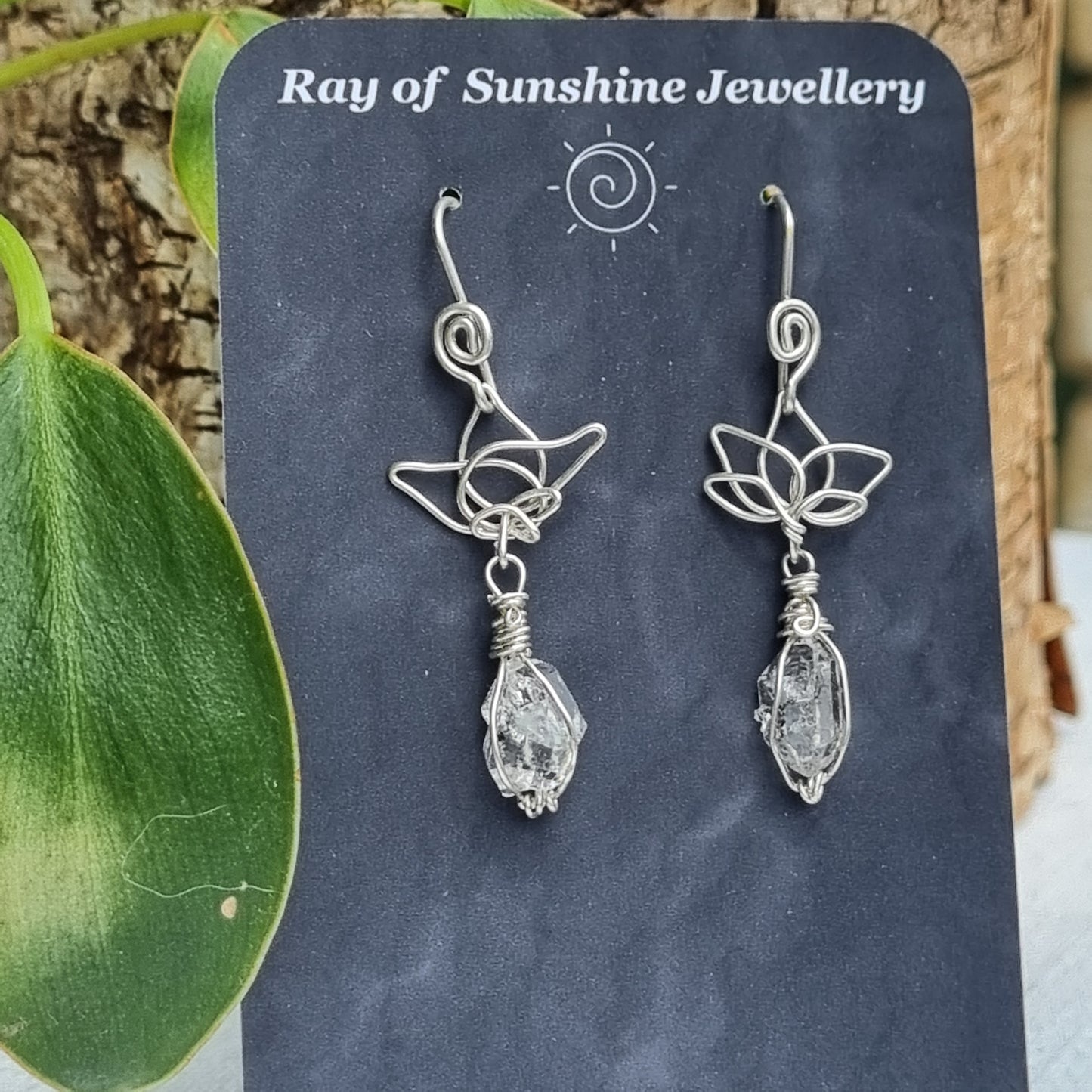 Herkimer Diamond Drop Silver Lotus Earrings - Ray of Sunshine