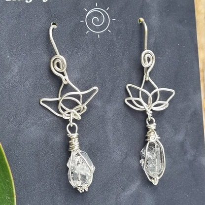 Herkimer Diamond Drop Silver Lotus Earrings - Ray of Sunshine