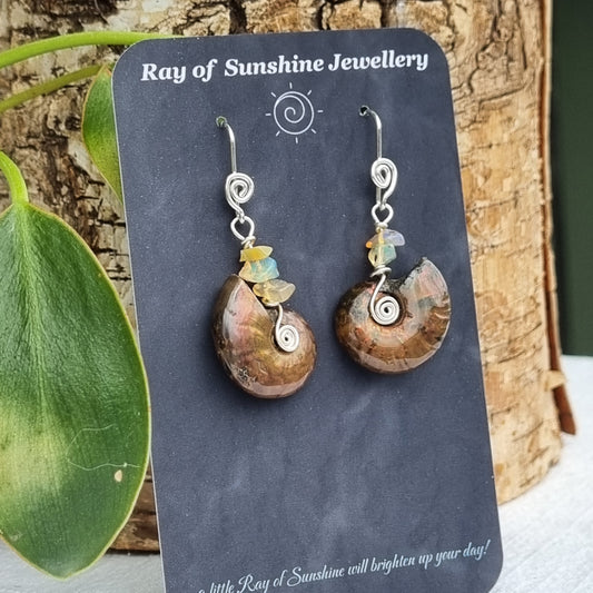 Ammonite & Opal Silver Drop Earrings – Ray of Sunshine