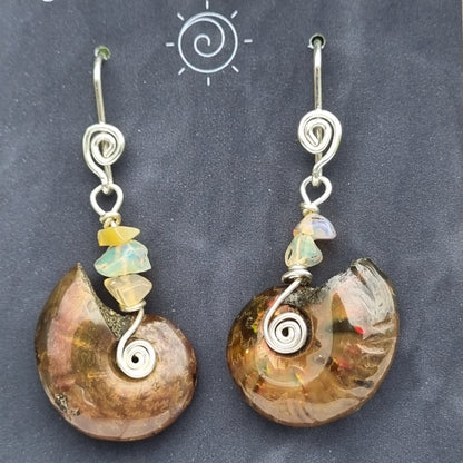 Ammonite & Opal Silver Drop Earrings – Ray of Sunshine