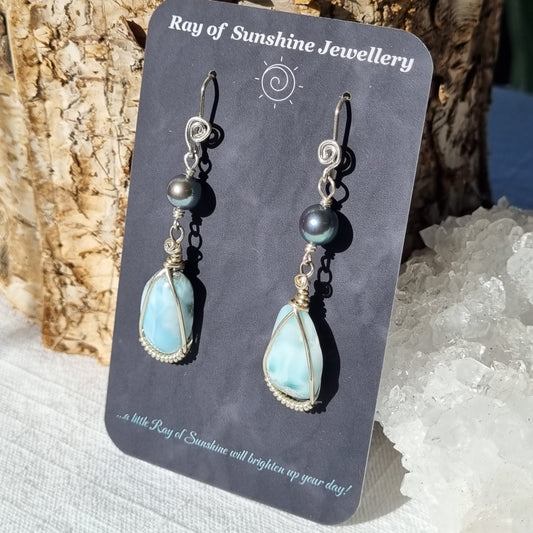 Larimar Freeform & Tahitian Pearl Silver Earrings - Ray of Sunshine