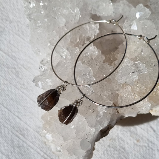 Smoky Quartz Point Silver Hoop Earrings - Ray of Sunshine