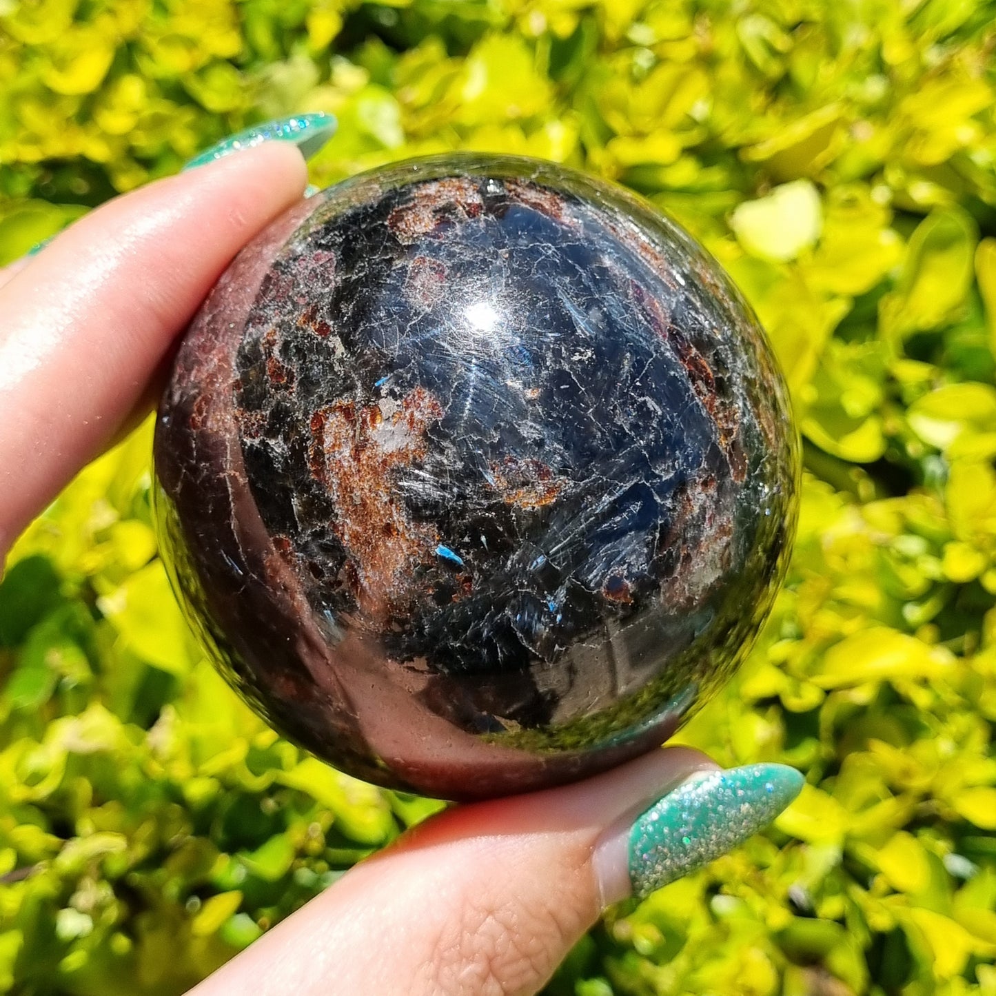 Arfvedsonite & Astrophyllite in Garnet Sphere - 348g