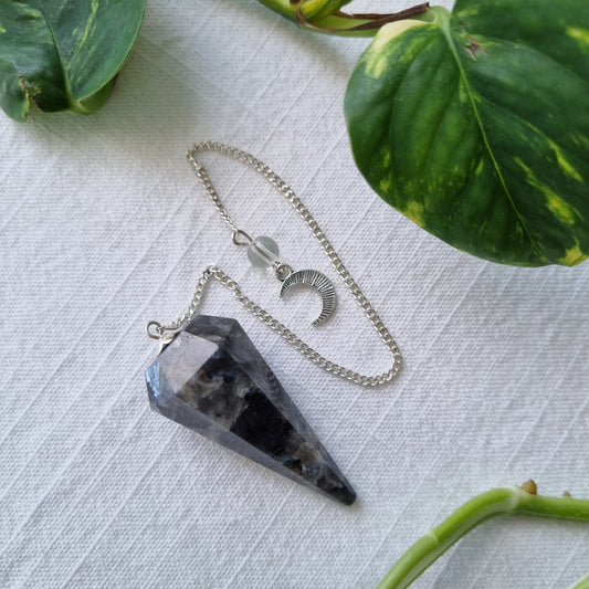 Larvikite Pendulum- - 6 Faceted with moon charm - Sparrow and Fox