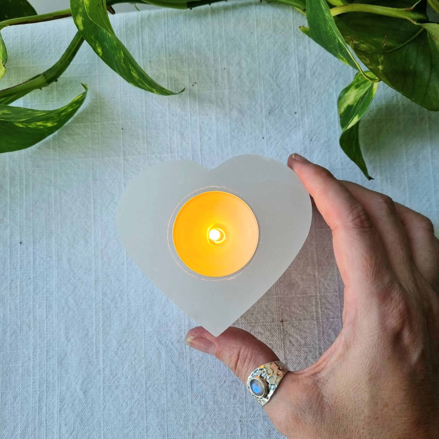 Selenite Tea Light Holder Heart - Morocco - Sparrow and Fox